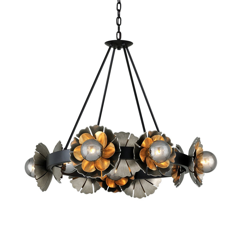 Magic Garden 10-Light Chandelier in Soft Black / Old World Gold Leaf, Stria Silver Leaf