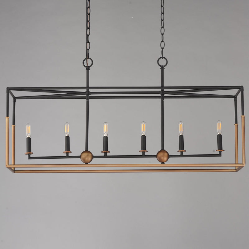 Soho 6 Light Linear Chandelier in Black / Weathered Brass