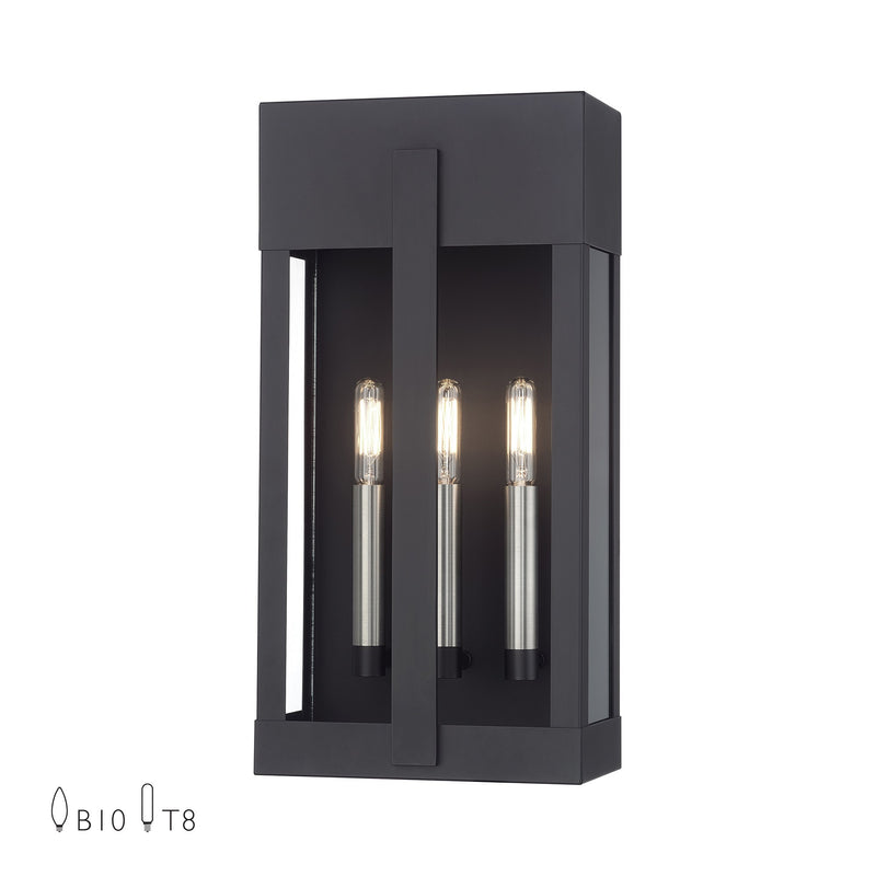 Berksford 3-Light Large Outdoor Wall Lantern in Black with Brushed Nickel Candles