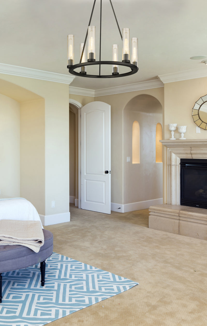 Beau 6 Light 26" Chandelier in Bronze in a room setting