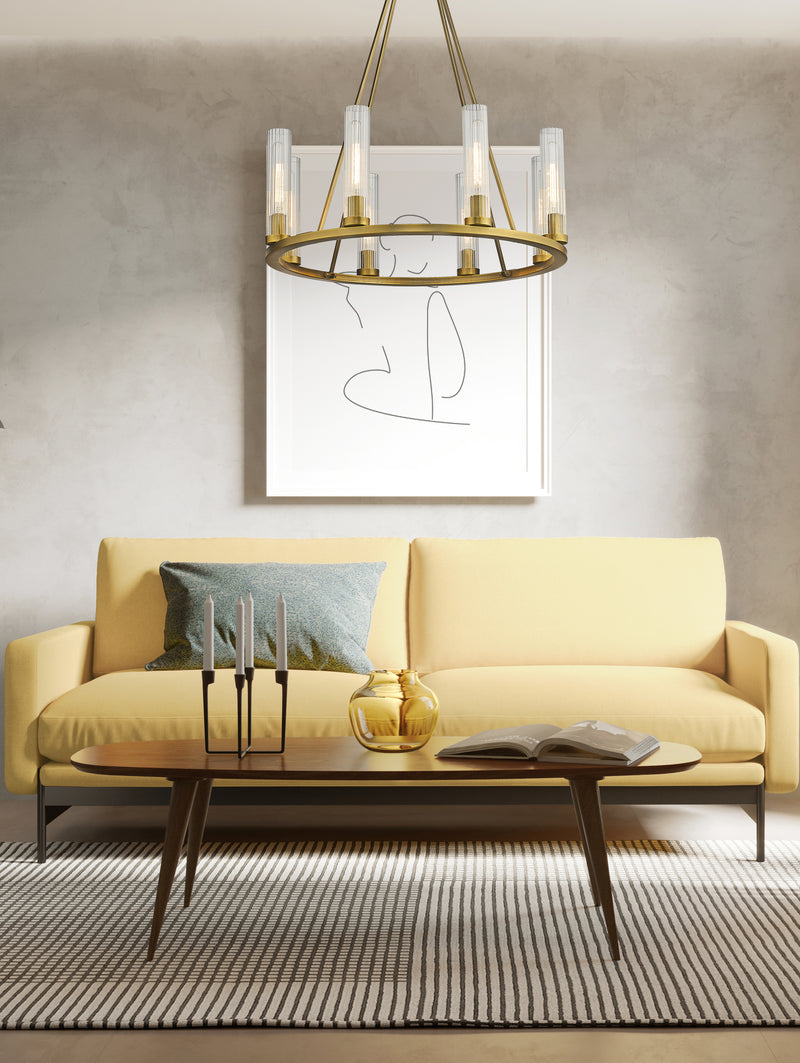 Beau 8 Light 33" Chandelier in Rubbed Brass in a room setting