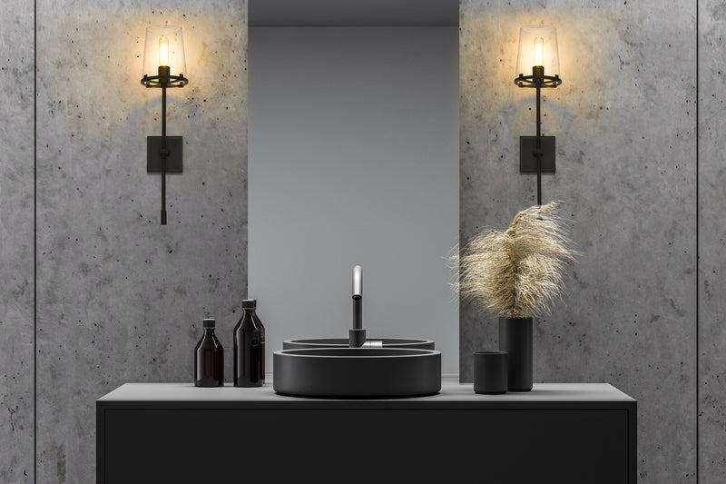 Callista 1 Light 6.5" Wall Sconce, 26" Tall in Matte Black in a room setting