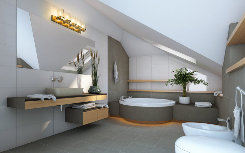 Callista 5 Light 47" Vanity in Rubbed Brass in a room setting