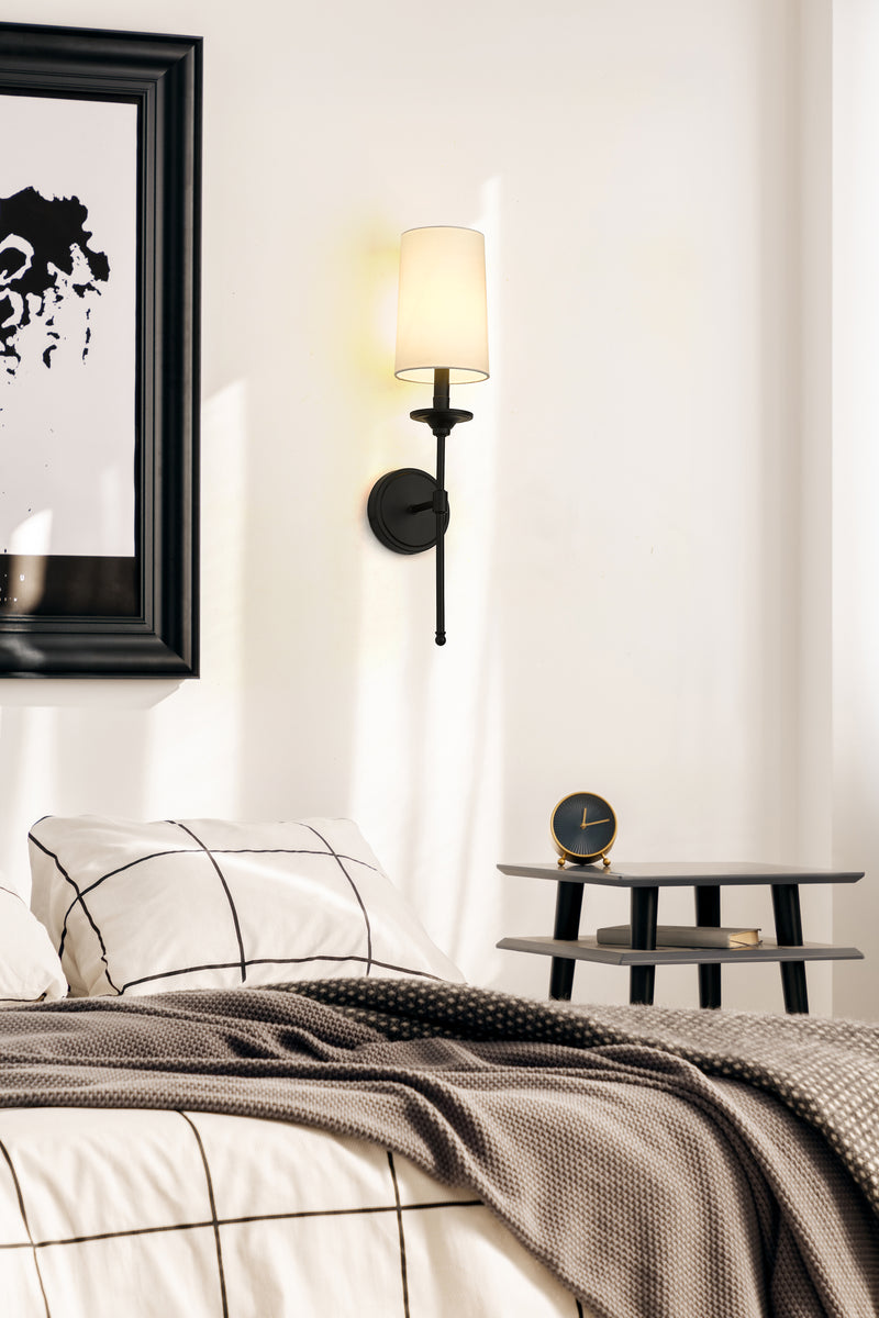 Emily 1 Light 5.5" Wall Sconce, 24" Tall in Matte Black in a room setting