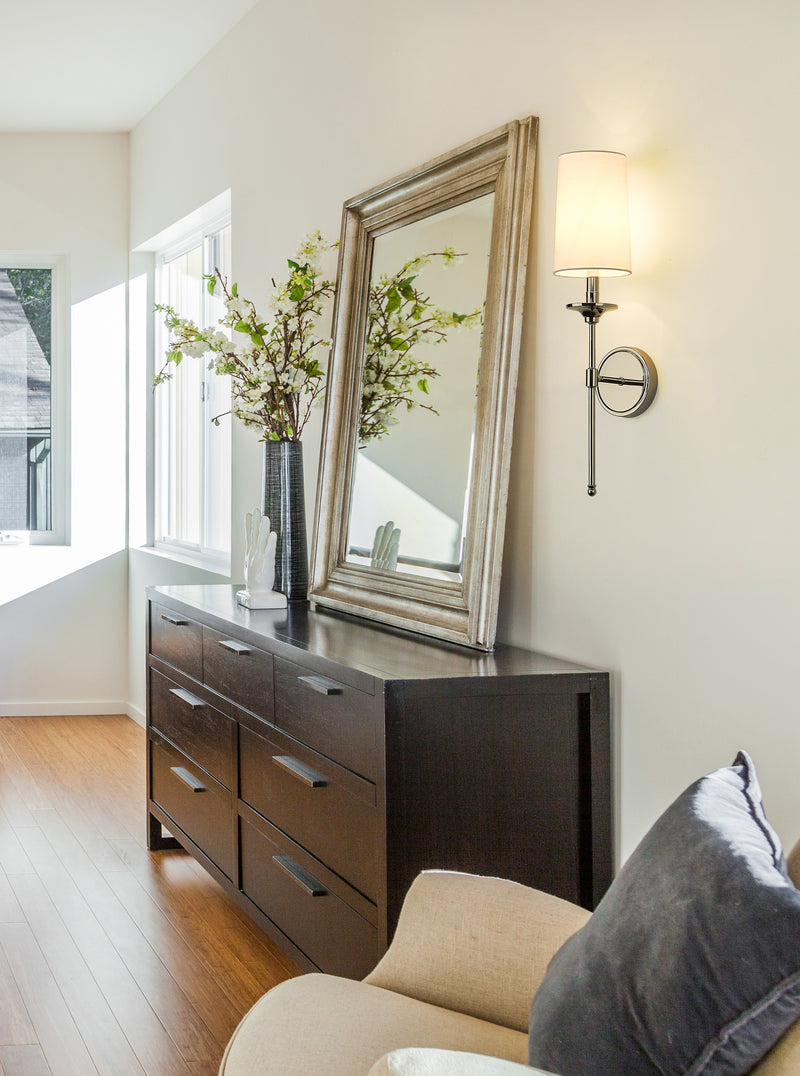 Emily 1 Light 5.5" Wall Sconce, 24" Tall in Polished Nickel in a room setting