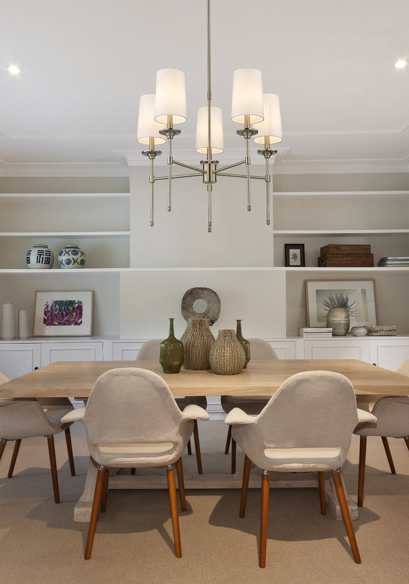 Emily 5 Light 28" Chandelier in Brushed Nickel in a room setting