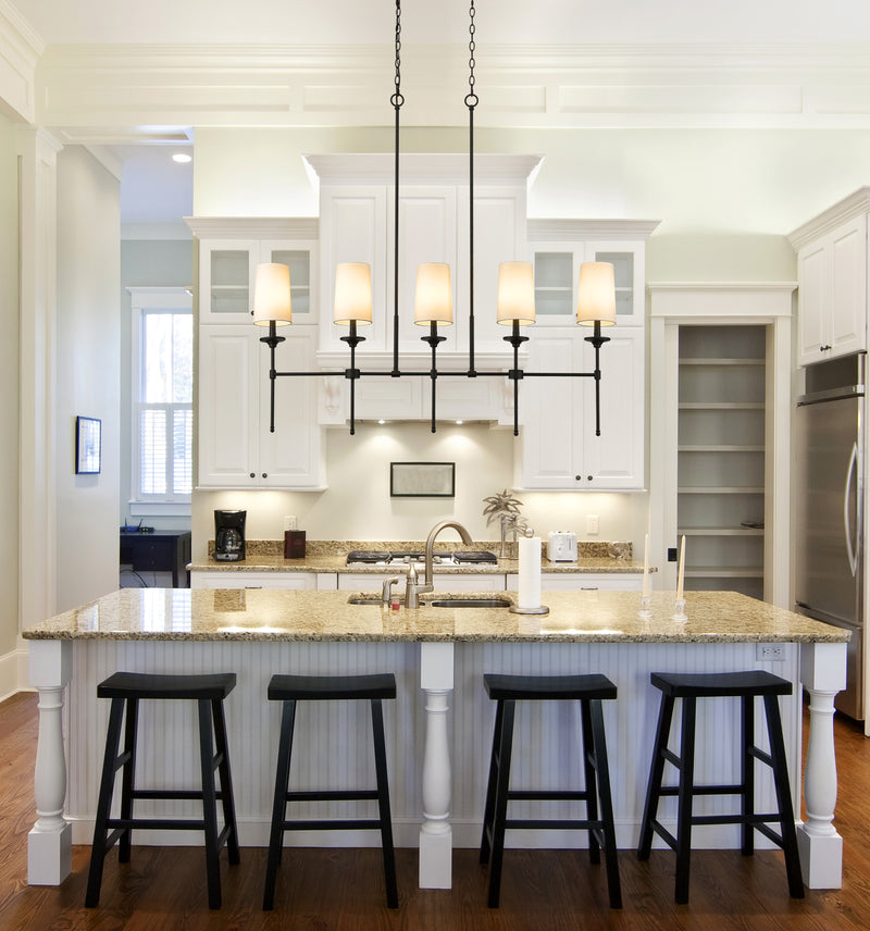 Emily 5 Light 51" Linear Pendant in Matte Black in a room setting