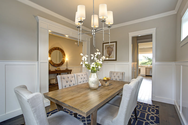 Emily 5 Light 28" Chandelier in Polished Nickel in a room setting
