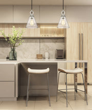 Harper 1 Light 8" Pendant in Brushed Nickel in a room setting
