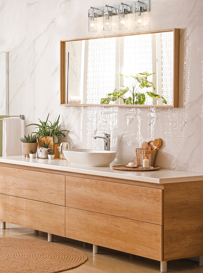 Fontaine 4 Light 34" Vanity in Brushed Nickel in a room setting