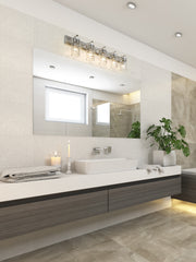 Fontaine 5 Light 44" Vanity in Brushed Nickel in a room setting