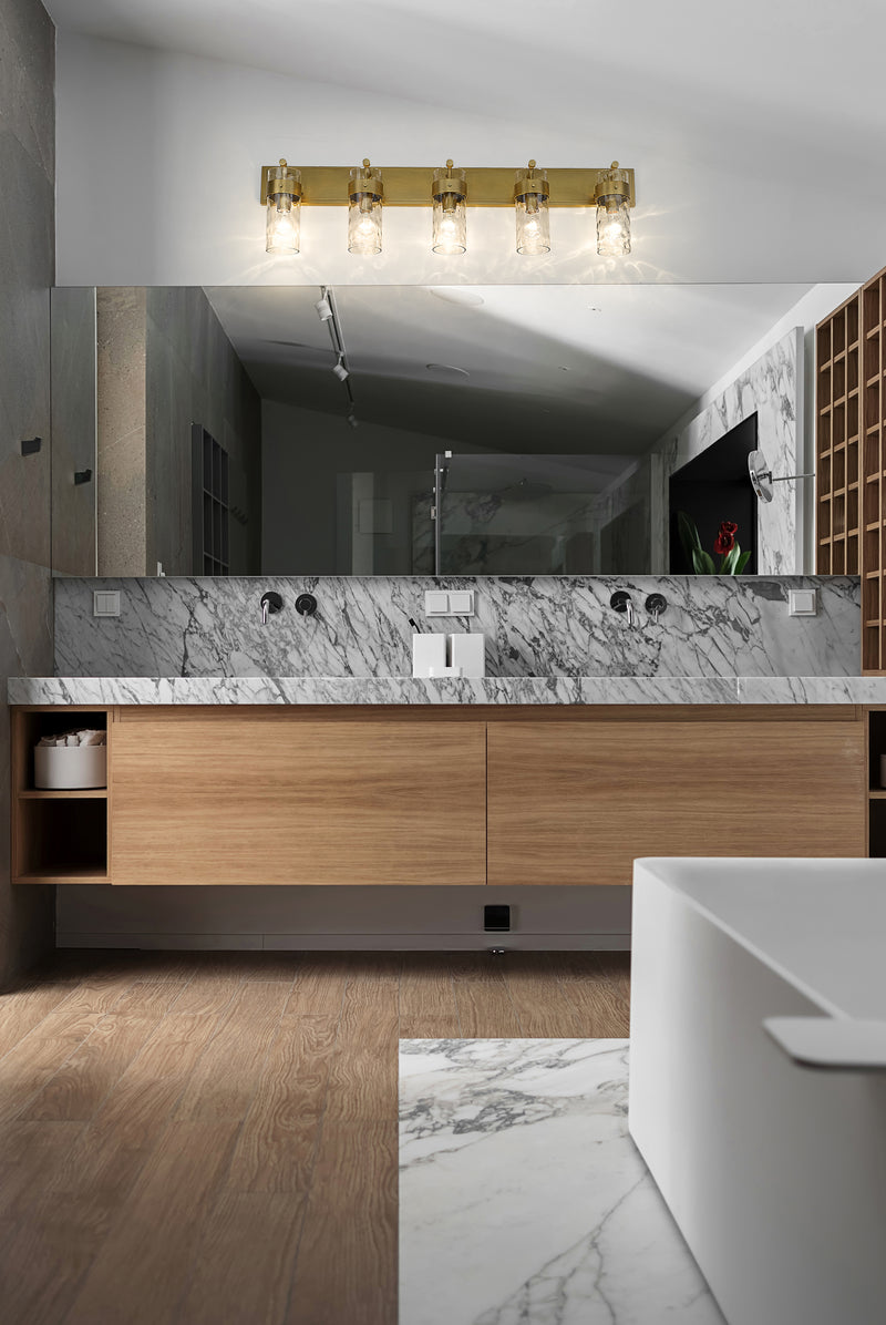 Fontaine 5 Light 44" Vanity in Rubbed Brass in a room setting