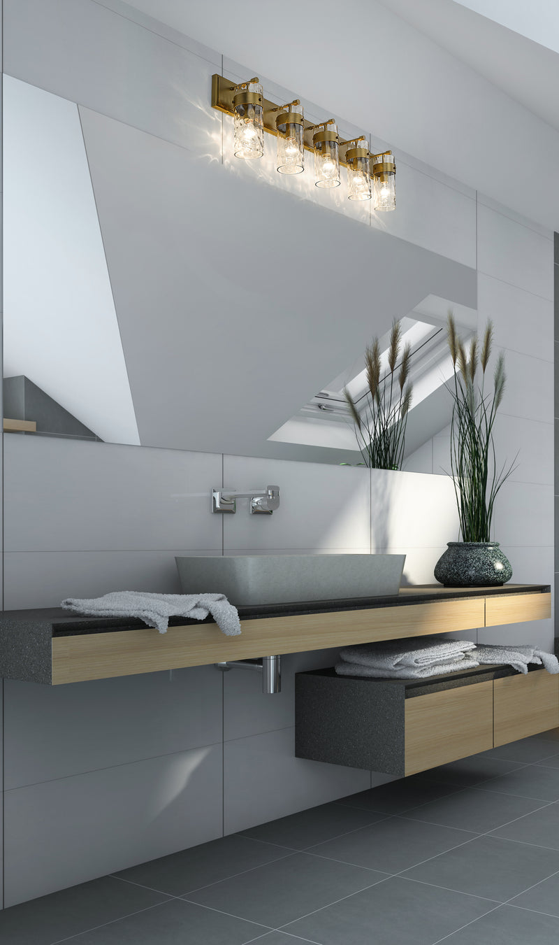 Fontaine 5 Light 44" Vanity in Rubbed Brass in a room setting