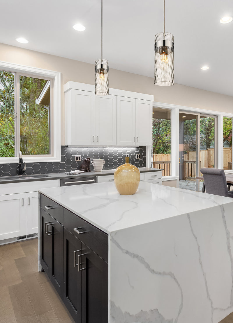Fontaine 3 Light 9" Pendant in Polished Nickel in a room setting