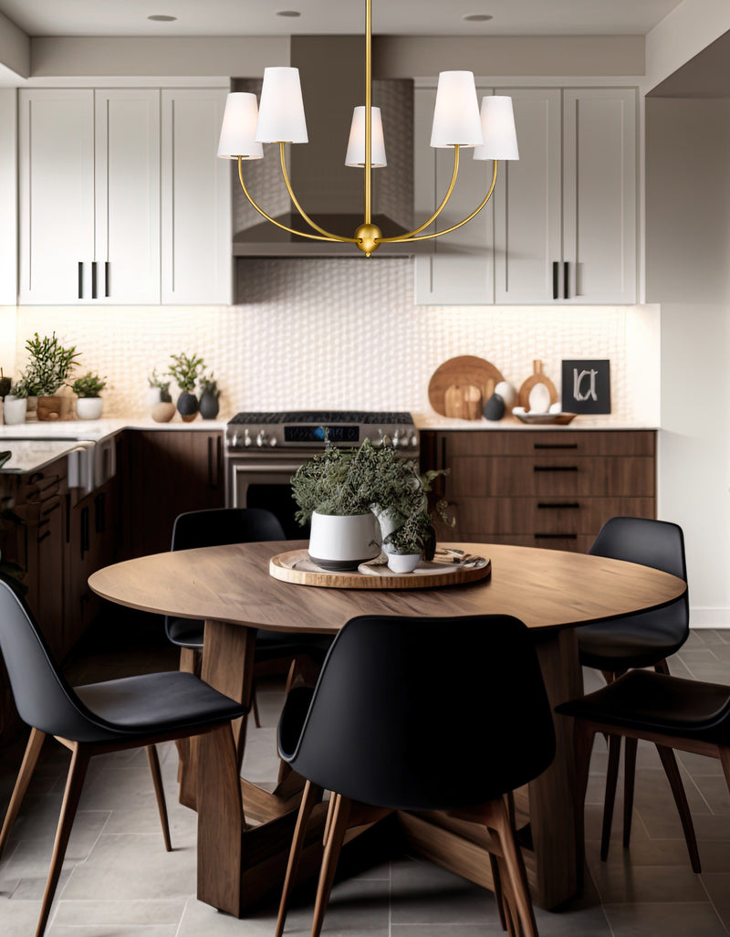 Shannon 5 Light 32" Chandelier in Rubbed Brass in a room setting