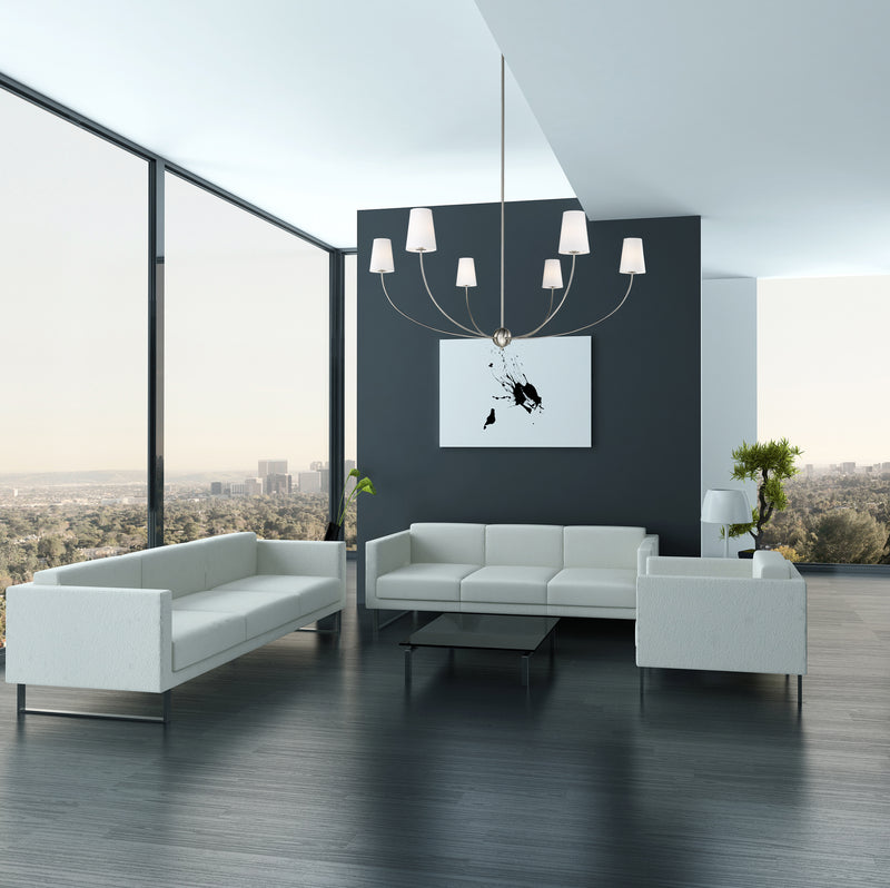 Shannon 6 Light 62" Chandelier in Brushed Nickel in a room setting