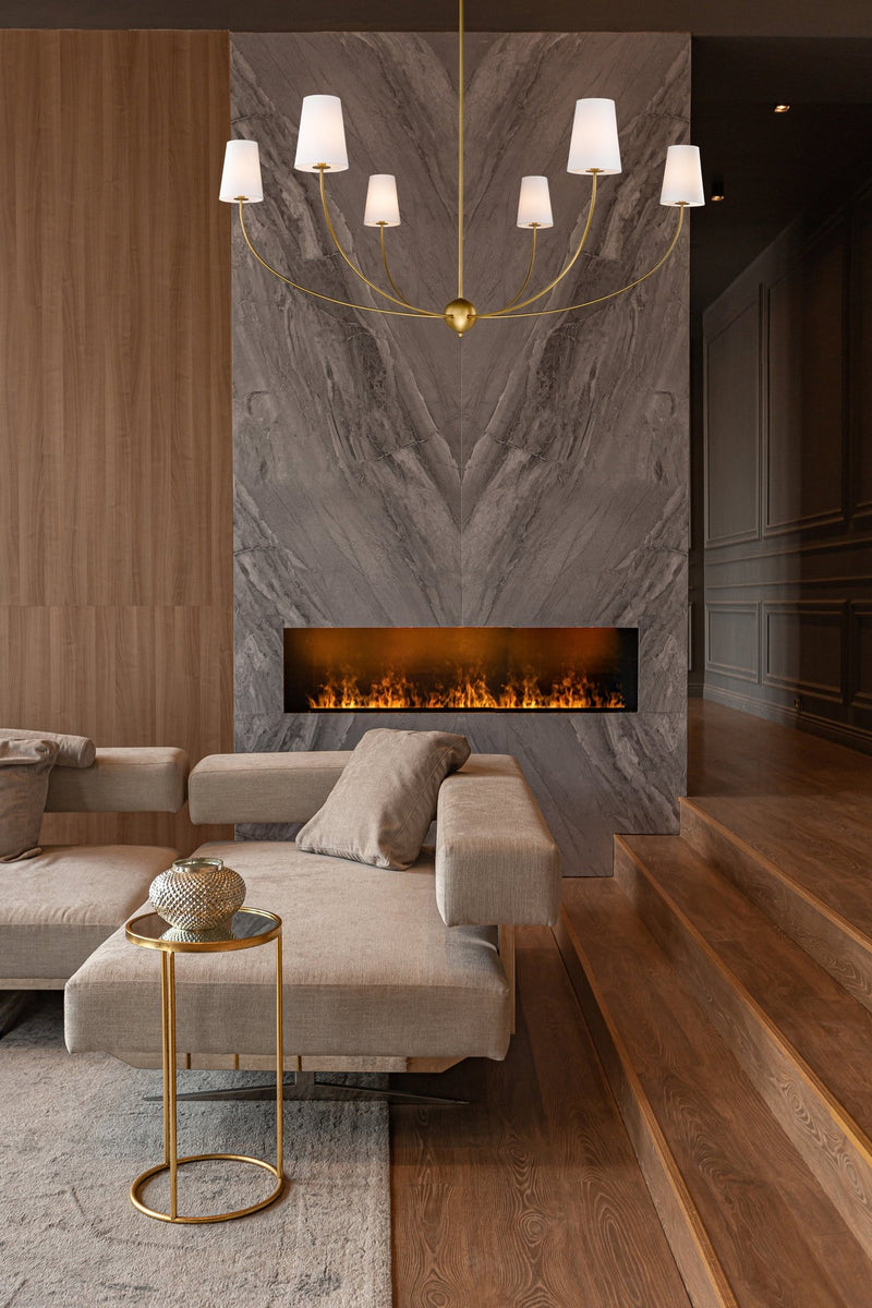 Shannon 6 Light 62" Chandelier in Rubbed Brass in a room setting