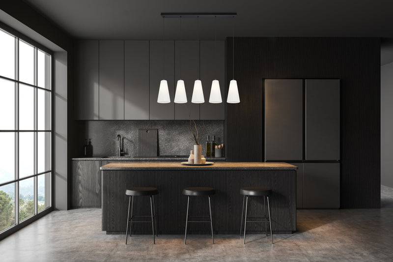 Farrell 5 Light 42" Linear Pendant, 11" Tall in Matte Black in a room setting