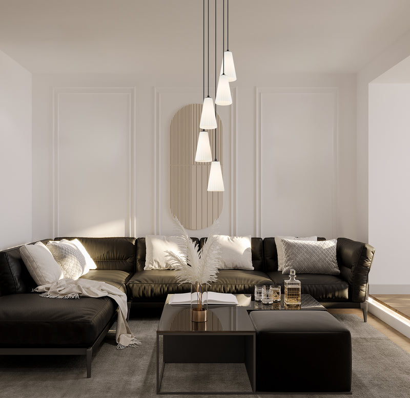 Farrell 5 Light 12" Pendant, 11" Tall in Matte Black in a room setting