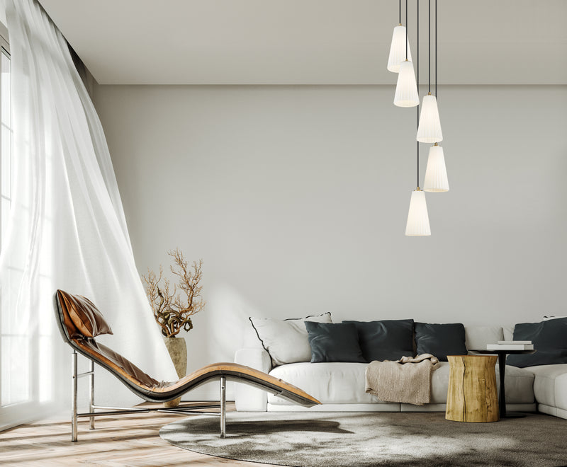 Farrell 5 Light 12" Pendant, 11" Tall in Modern Gold in a room setting