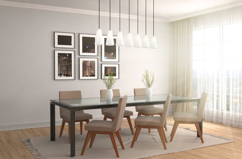 Farrell 7 Light 54" Linear Pendant, 11" Tall in Brushed Nickel in a room setting