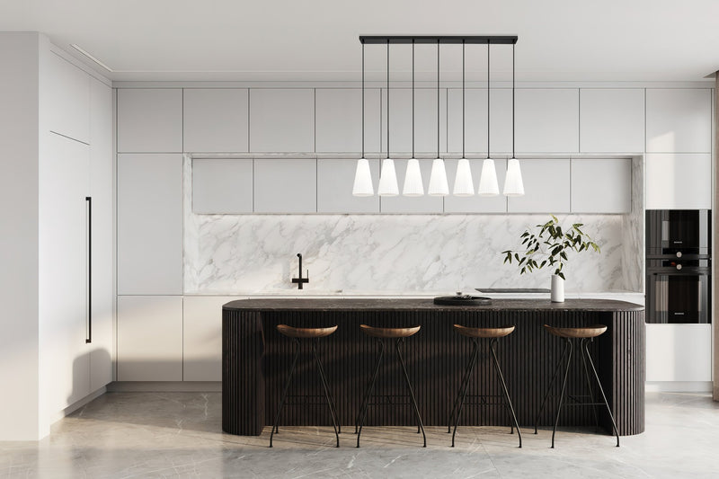 Farrell 7 Light 54" Linear Pendant, 11" Tall in Matte Black in a room setting