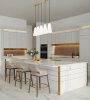 Farrell 5 Light 42" Linear Pendant, 13.75" Tall in Modern Gold in a room setting