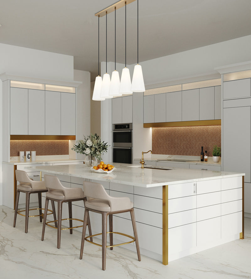 Farrell 5 Light 42" Linear Pendant, 13.75" Tall in Modern Gold in a room setting