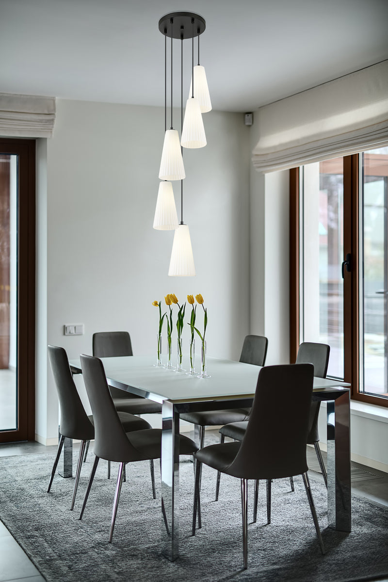 Farrell 5 Light 12" Pendant, 13.75" Tall in Matte Black in a room setting