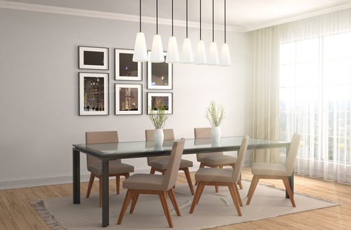 Farrell 7 Light 54" Linear Pendant, 13.75" Tall in Brushed Nickel in a room setting