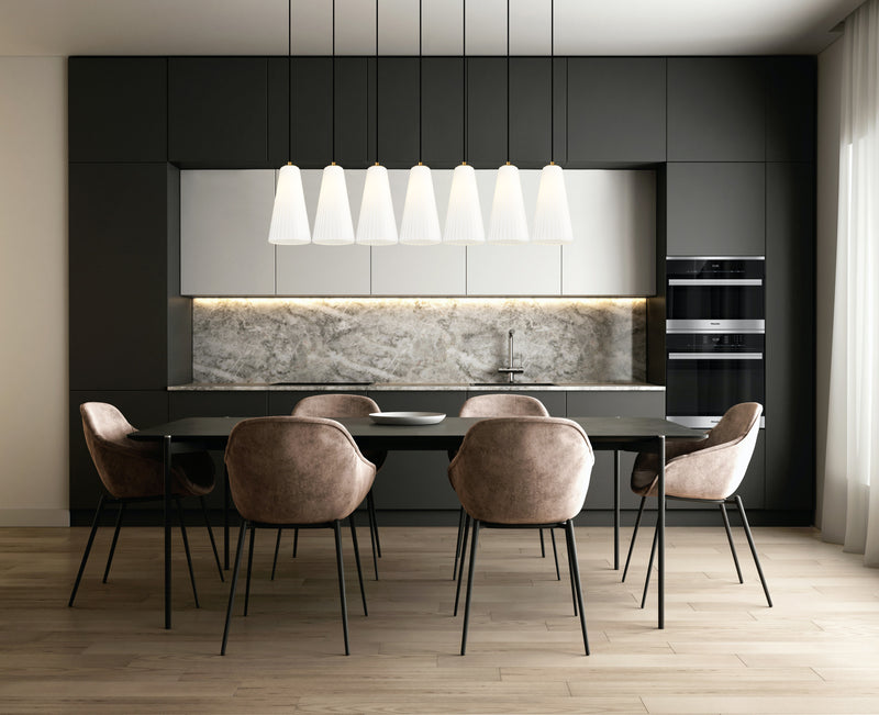 Farrell 7 Light 54" Linear Pendant, 13.75" Tall in Brushed Nickel in a room setting