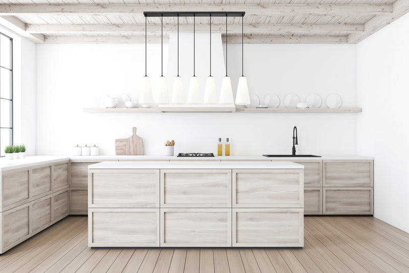 Farrell 7 Light 54" Linear Pendant, 13.75" Tall in Matte Black in a room setting