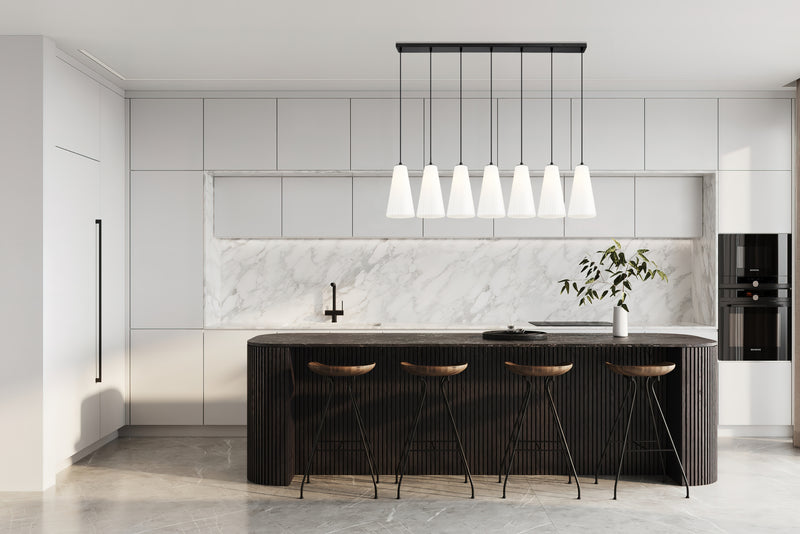 Farrell 7 Light 54" Linear Pendant, 13.75" Tall in Matte Black in a room setting