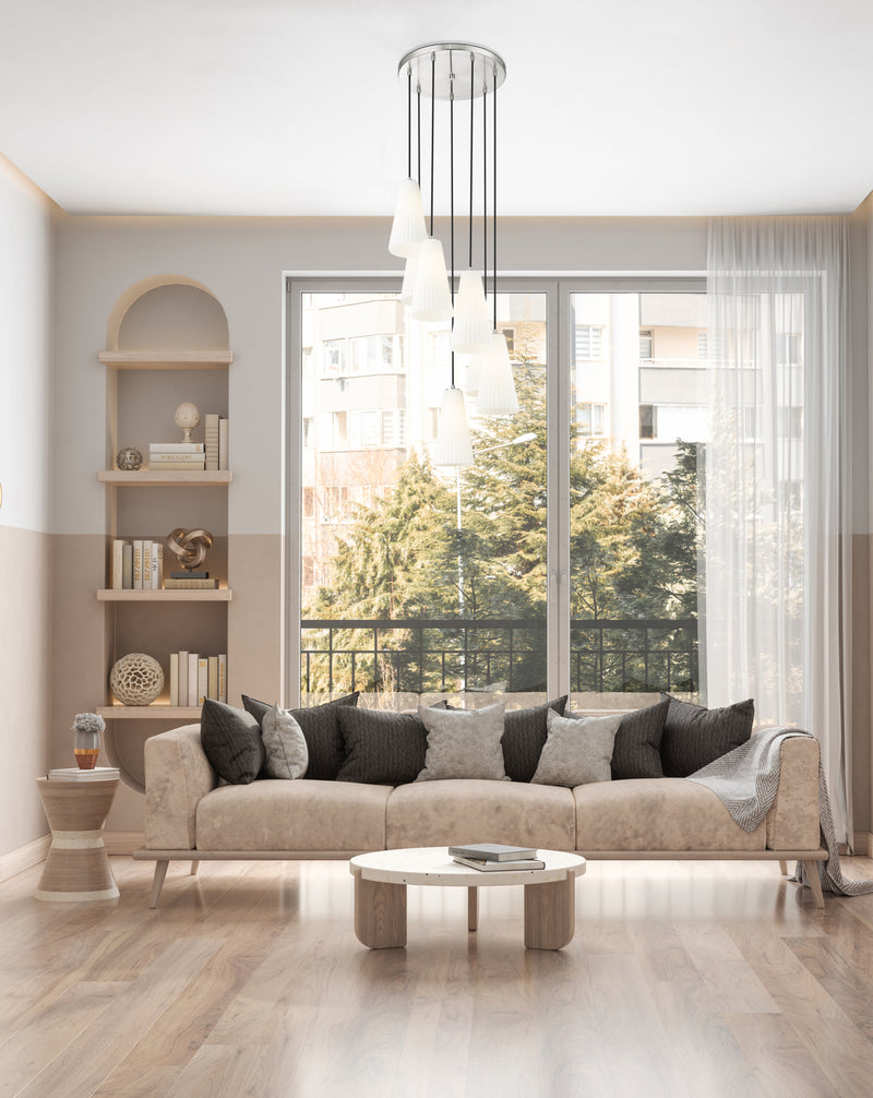 Farrell 7 Light 18" Pendant, 13.75" Tall in Brushed Nickel in a room setting