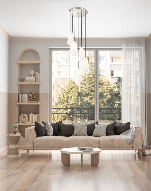 Farrell 7 Light 18" Pendant, 13.75" Tall in Brushed Nickel in a room setting