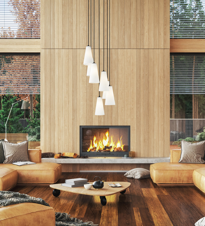 Farrell 7 Light 18" Pendant, 13.75" Tall in Matte Black in a room setting