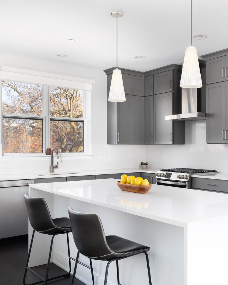 Farrell 1 Light 7.25" Pendant, Cord Mount in Brushed Nickel in a room setting