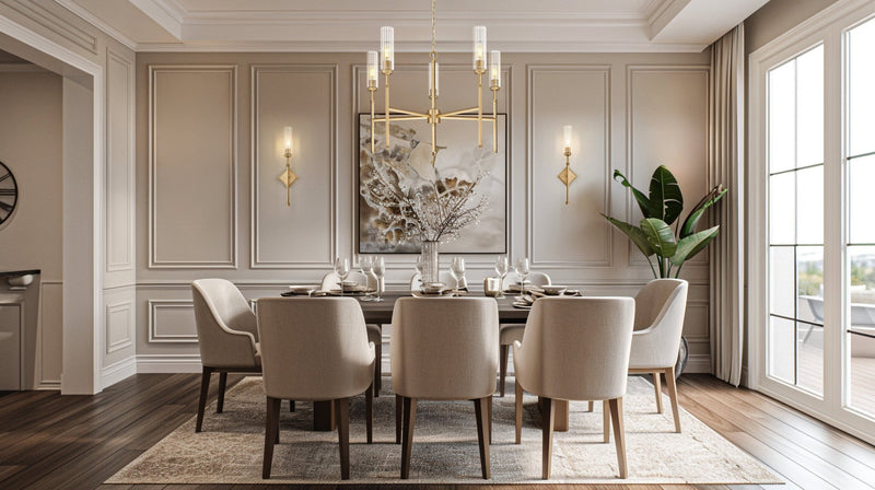 Esme 5 Light 32" Chandelier in Modern Gold in a room setting