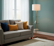 Imogen Shelf Floor Lamp in Anitique Brass,Clear Glass Shelf