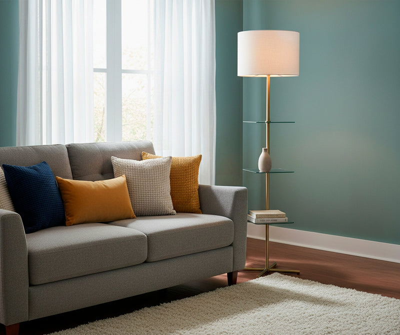 Imogen Shelf Floor Lamp in Anitique Brass,Clear Glass Shelf