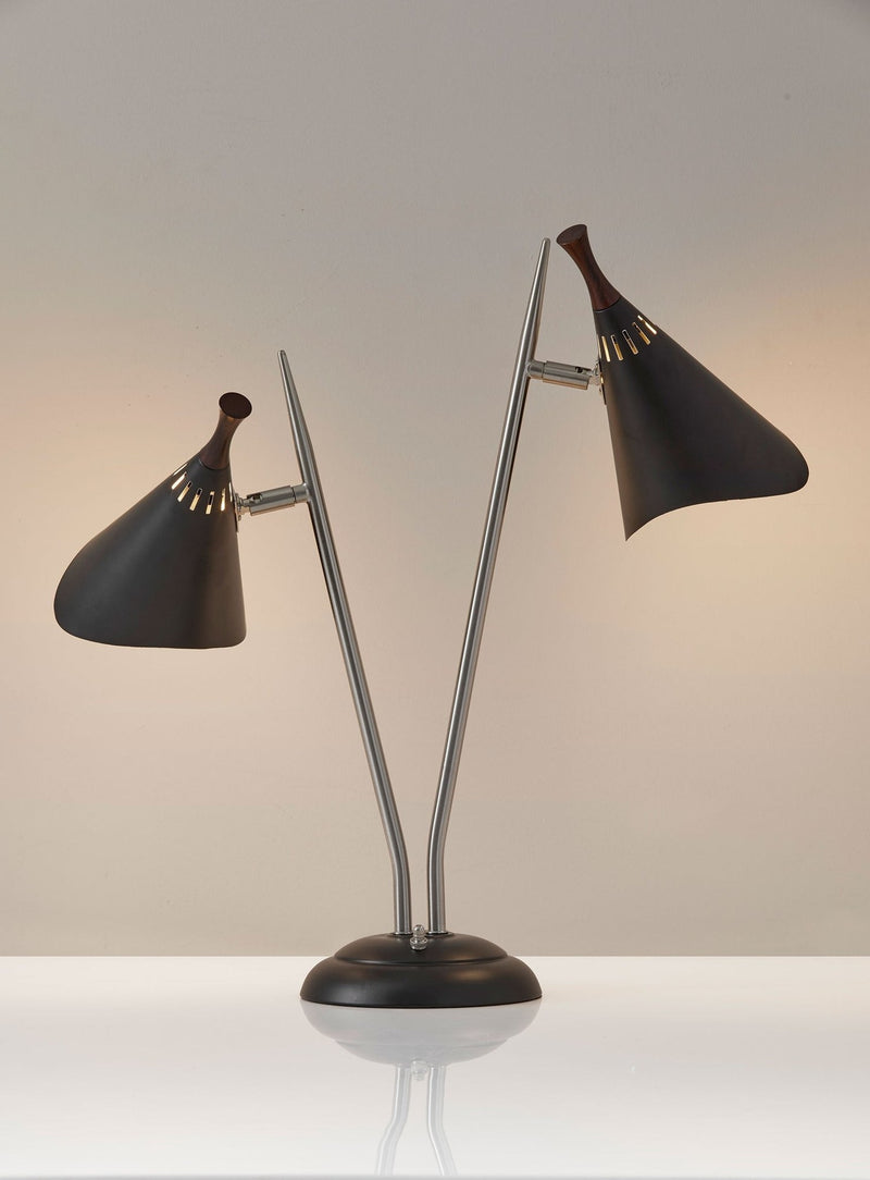Draper 2-Light Desk Lamp in Brushed Steel/Black Painted W. Wood