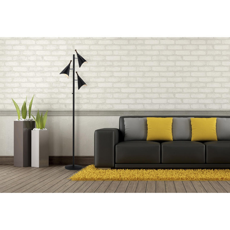 Draper 3-Light Tree Floor Lamp in Black Painted W. Brushed Steel & Wood