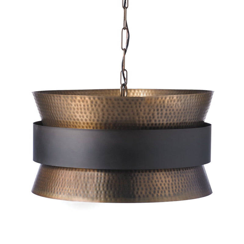 Loren 4-Light Hammered Drum Pendant in Patinaed Brass and Dark Zinc