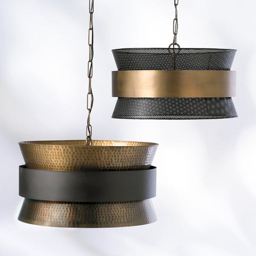 Loren 4-Light Hammered Drum Pendant in Patinaed Brass and Dark Zinc