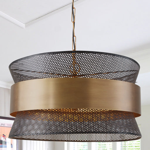 Loren 4-Light Perforated Drum Pendant in Patinaed Brass and Black