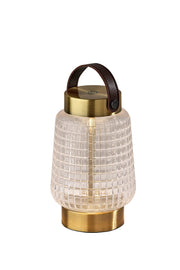Samara 7.75" LED Cordless Table Lamp in Clear Texture Glass, Antique Brass, Brown Leather
