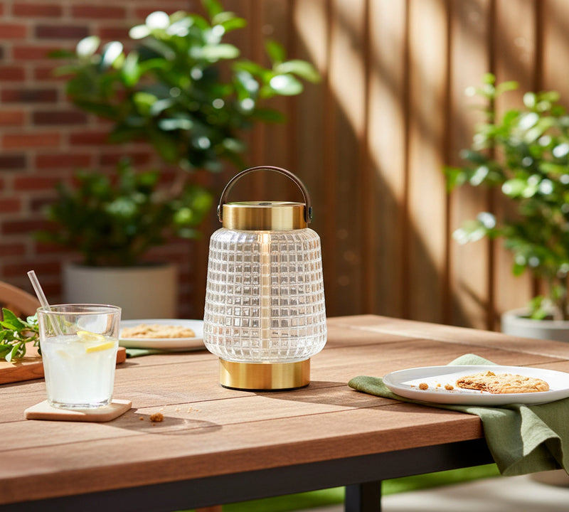 Samara 7.75" LED Cordless Table Lamp in Clear Texture Glass, Antique Brass, Brown Leather