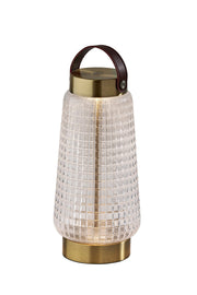 Samara 10.63" LED Cordless Table Lamp in Clear Texture Glass, Antique Brass, Brown Leather