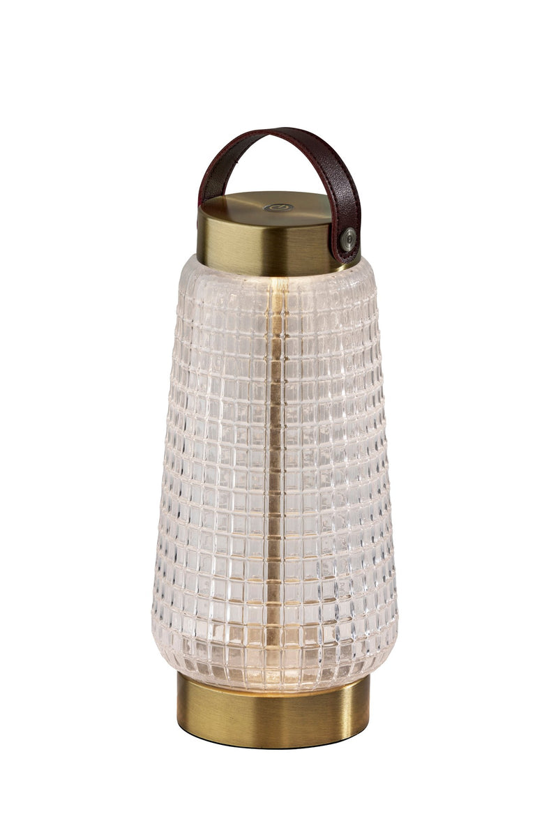 Samara 10.63" LED Cordless Table Lamp in Clear Texture Glass, Antique Brass, Brown Leather