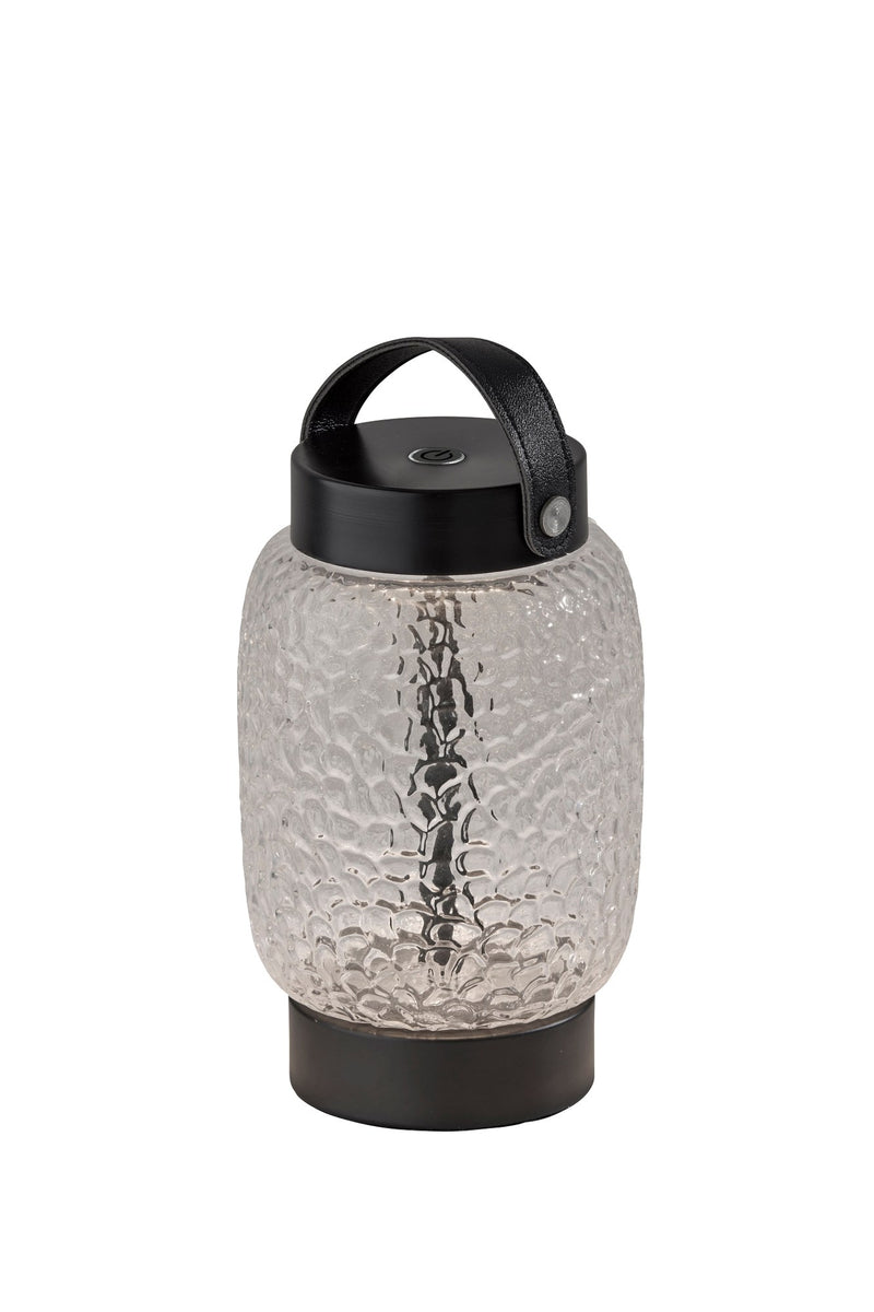 Cassius Cordless LED Table Lamp in Clear Texture Glass, Black Finsh, Black Leather